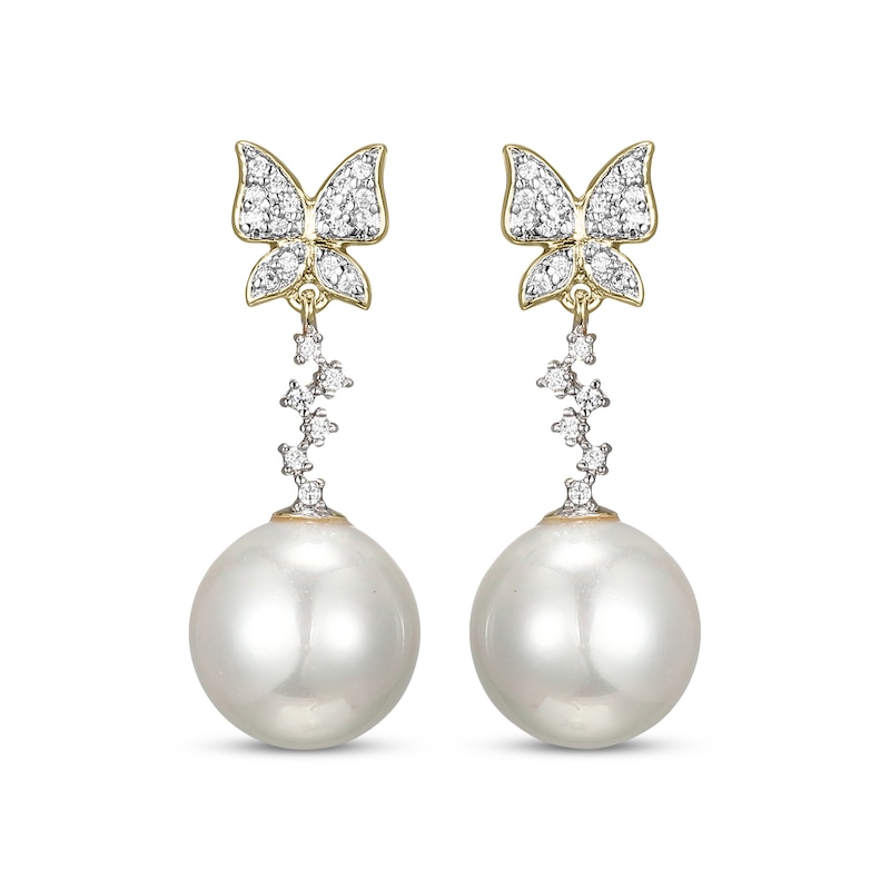 Main Image 2 of Cultured Pearl & Diamond Butterfly Drop Earrings 1/6 ct tw 10K Yellow Gold