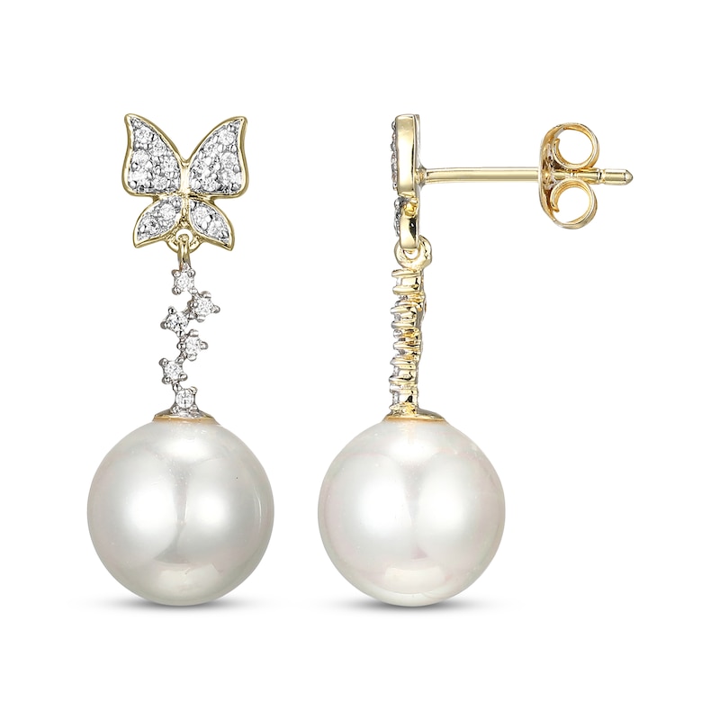 Main Image 3 of Cultured Pearl & Diamond Butterfly Drop Earrings 1/6 ct tw 10K Yellow Gold