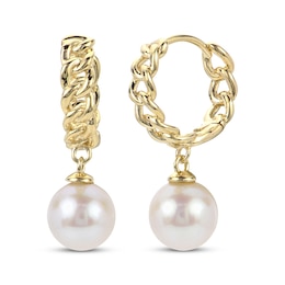 Cultured Pearl Drop & Chain Link Huggie Hoop Earrings 10K Yellow Gold