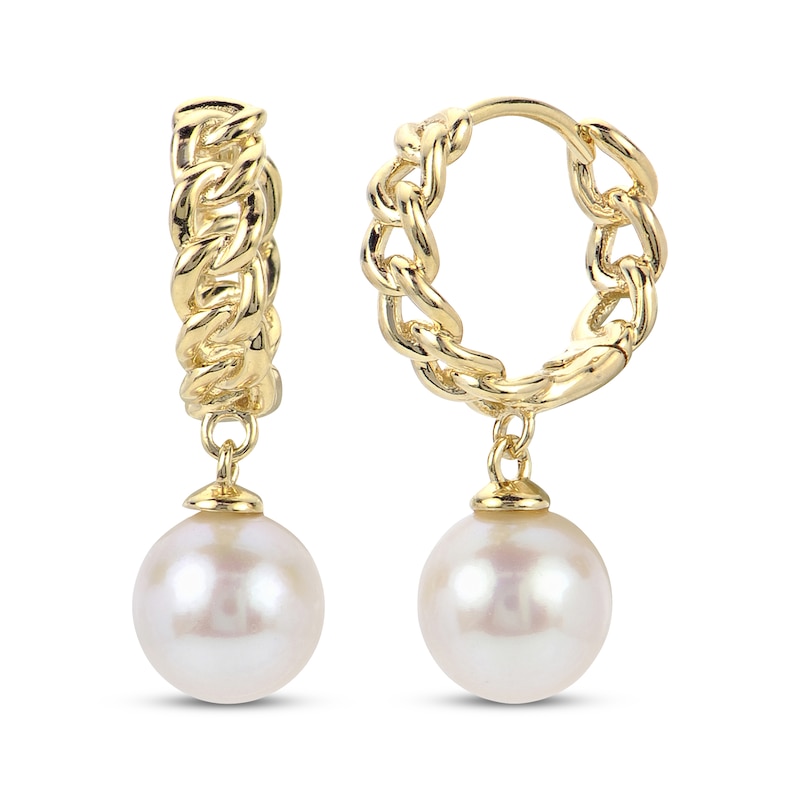 Main Image 1 of Cultured Pearl Drop & Chain Link Huggie Hoop Earrings 10K Yellow Gold