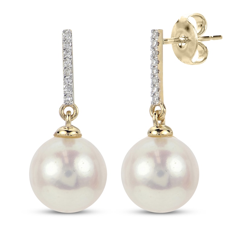 Main Image 1 of Cultured Pearl & Diamond Bar Dangle Earrings 1/20 ct tw 14K Yellow Gold