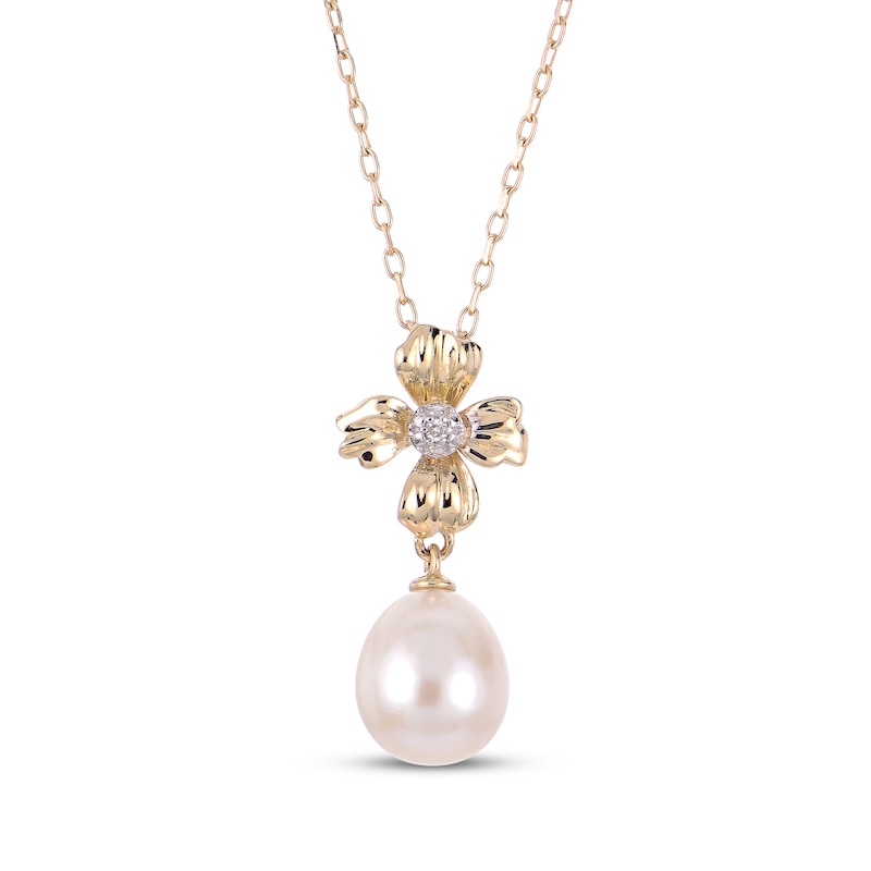 Cultured Pearl & Diamond Accent Flower Necklace 10K Yellow Gold 18