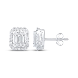 Baguette & Round-Cut Multi-Diamond Octagon Halo Stud Earrings 1/2 ct tw 10K White Gold