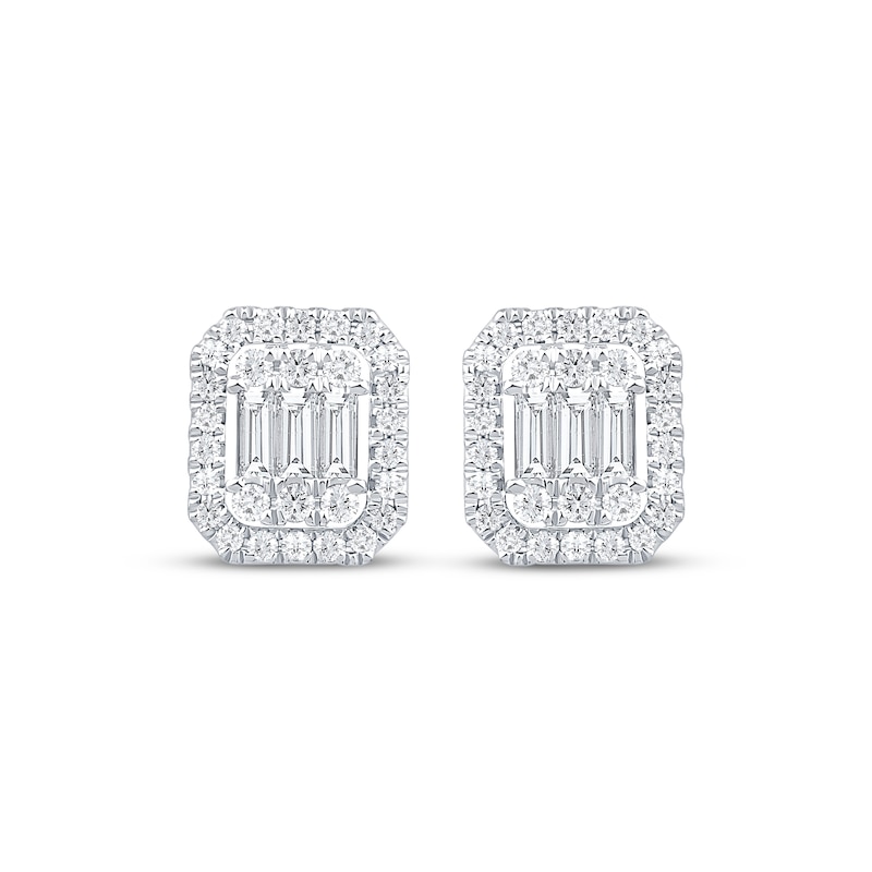 Main Image 2 of Baguette & Round-Cut Multi-Diamond Octagon Halo Stud Earrings 1/2 ct tw 10K White Gold