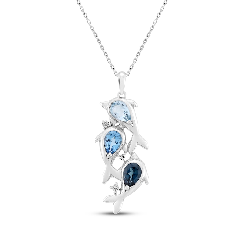 Main Image 1 of Pear-Shaped Blue Topaz & White Lab-Created Sapphire Dolphin Trio Necklace Sterling Silver 18&quot;