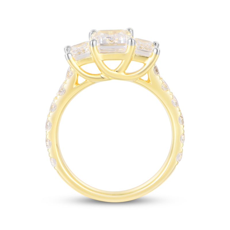 Main Image 3 of Memories Moments Magic Emerald-Cut Lab-Grown Diamond Three-Stone Engagement Ring 4 ct tw 14K Yellow Gold