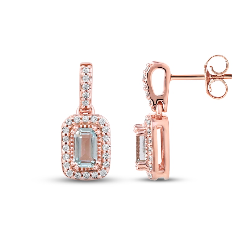 Main Image 3 of Aquamarine & Diamond Earrings 1/6 ct tw Round-cut 10K Rose Gold