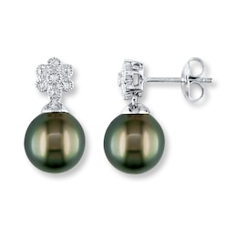 Tahitian Cultured Pearl Earrings 1/20 ct tw Diamonds Sterling Silver