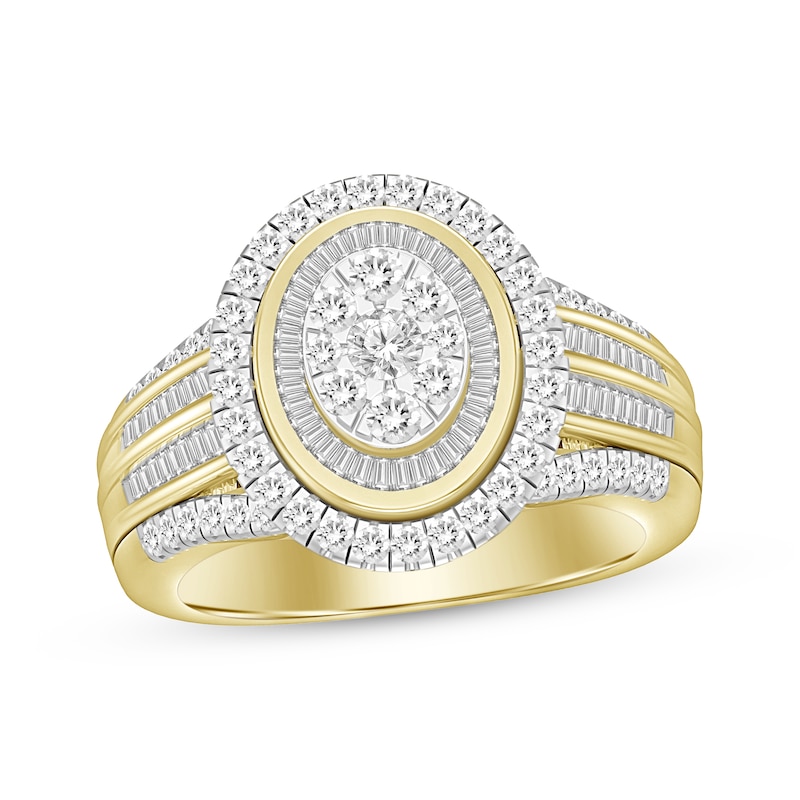 Main Image 1 of Round & Baguette-Cut Multi-Diamond Center Oval Engagement Ring 1 ct tw 10K Yellow Gold