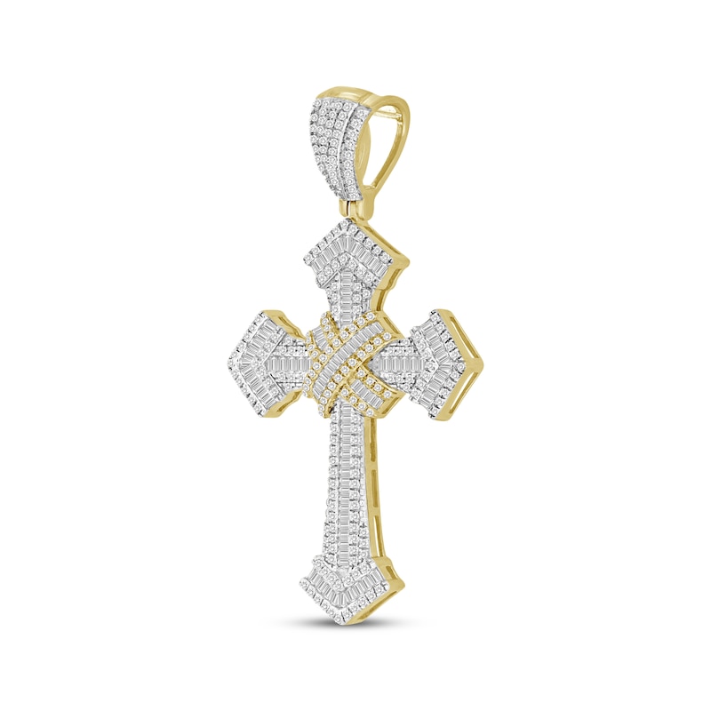 Main Image 2 of Men's Baguette & Round-Cut Diamond Cross Charm 1 ct tw 10K Yellow Gold