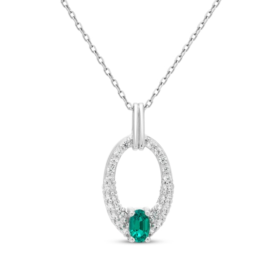 Oval-Cut Lab-Created Emerald & White Lab-Created Sapphire Oval Frame Necklace Sterling Silver 18"