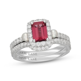 Neil Lane Octagon-Cut Rhodolite Garnet, Diamond & Akoya Cultured Pearl Bridal Set 5/8 ct tw 14K White Gold