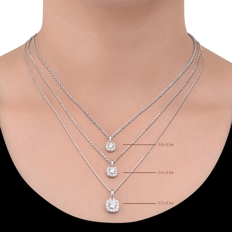 Main Image 4 of Diamond Cushion-Shaped Halo Necklace 1/6 ct tw Sterling Silver 17&quot;