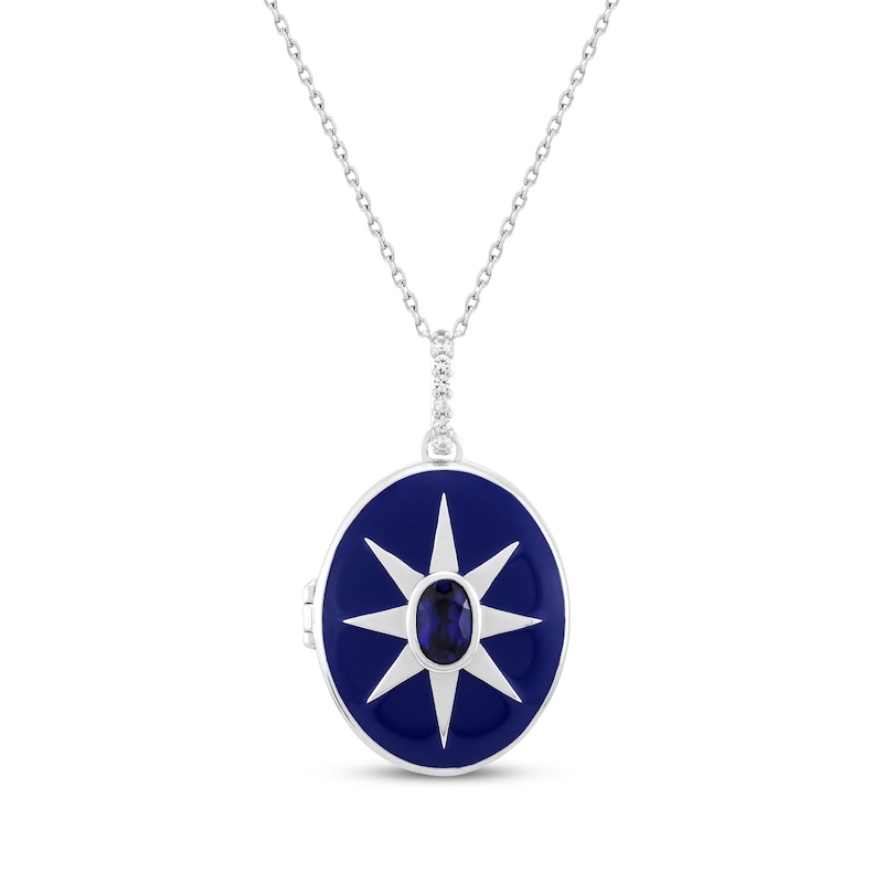 Enamel & Oval-Cut Blue Lab-Created Sapphire Star Locket Necklace Sterling Silver 18"