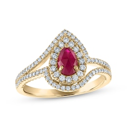 Greenland Rubies Collection Pear-Shaped Natural Ruby & Lab-Created Diamond Ring 3/8 ct tw 14K Yellow Gold