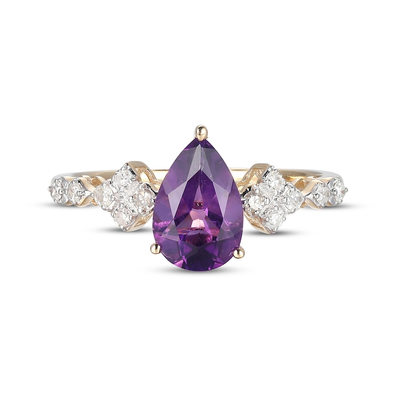 Main Image 3 of Pear-Shaped Natural Amethyst & Diamond Ring 1/8 ct tw 10K Yellow Gold