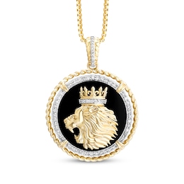 Men's Diamond & Black Onyx King Lion Head Medallion Necklace 1/2 ct tw 10K Yellow Gold 22&quot;