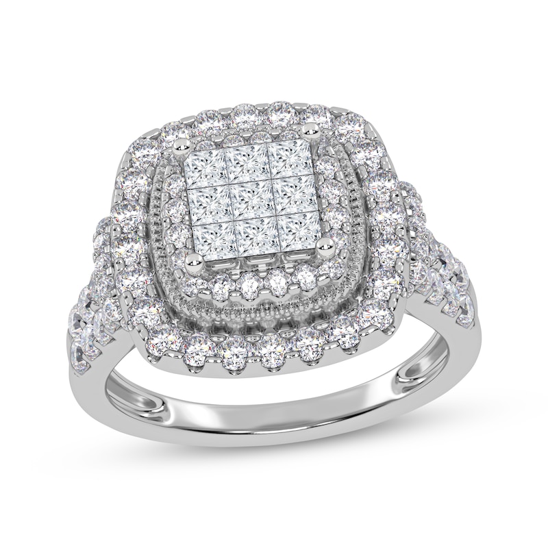 Main Image 1 of Princess-Cut Multi-Diamond Double Halo Engagement Ring 1 ct tw 10K White Gold