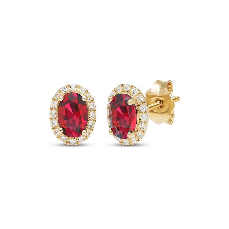 Main Image 1 of Oval-Cut Lab-Created Ruby & White Lab-Created Sapphire Halo Stud Earrings 10K Yellow Gold