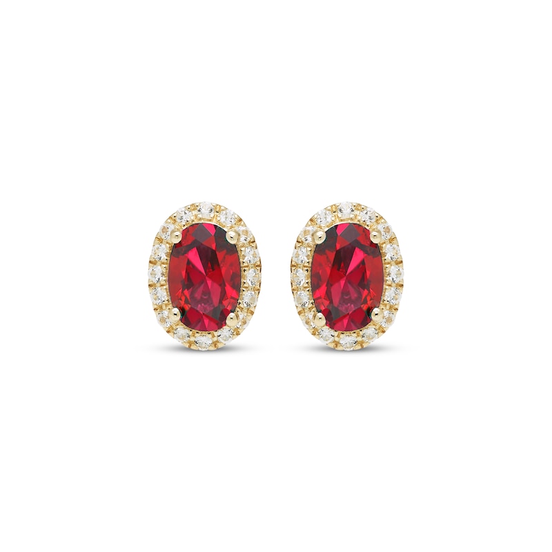 Main Image 2 of Oval-Cut Lab-Created Ruby & White Lab-Created Sapphire Halo Stud Earrings 10K Yellow Gold