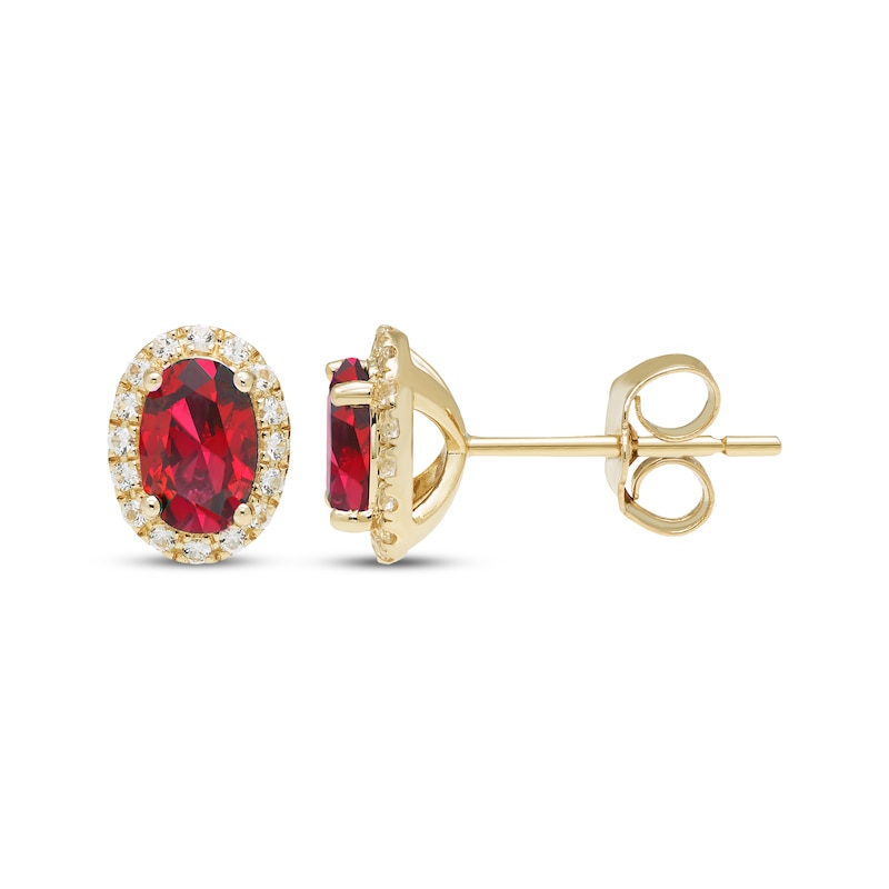 Main Image 3 of Oval-Cut Lab-Created Ruby & White Lab-Created Sapphire Halo Stud Earrings 10K Yellow Gold