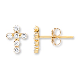 Cross Young Teen Earrings Cubic Zirconia 14K Yellow Gold