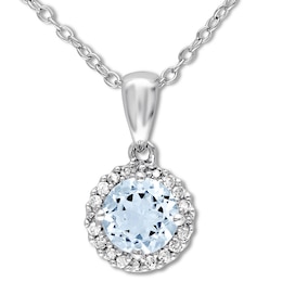 Aquamarine Necklace 1/15 ct tw Diamonds Sterling Silver