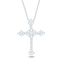 Aquamarine/Lab-Created Sapphire Cross Necklace Sterling Silver