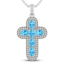 Blue Topaz & White Lab-Created Sapphire Cross Necklace Sterling Silver 18&quot;