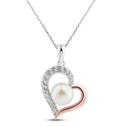 Freshwater Pearl & White Topaz Heart Necklace Sterling Silver/10K Rose Gold 18&quot;