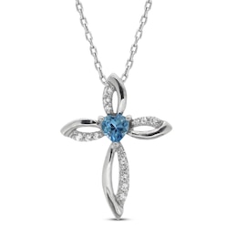 Blue Topaz & White Lab-Created Sapphire Cross Necklace Sterling Silver 18&quot;