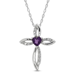 Amethyst & White Lab-Created Sapphire Cross Necklace Sterling Silver 18&quot;