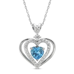 Blue Topaz & White Lab-Created Sapphire Heart Necklace Sterling Silver 18&quot;