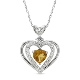Citrine & White Lab-Created Sapphire Heart Necklace Sterling Silver 18&quot;