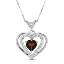 Garnet & White Lab-Created Sapphire Heart Necklace Sterling Silver 18&quot;