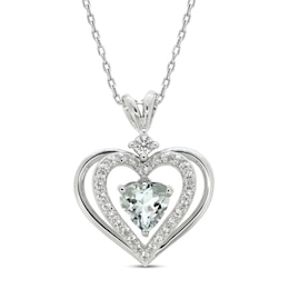 Aquamarine & White Lab-Created Sapphire Heart Necklace Sterling Silver 18&quot;