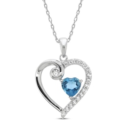 Blue Topaz & White Lab-Created Sapphire Heart Necklace Sterling Silver 18&quot;