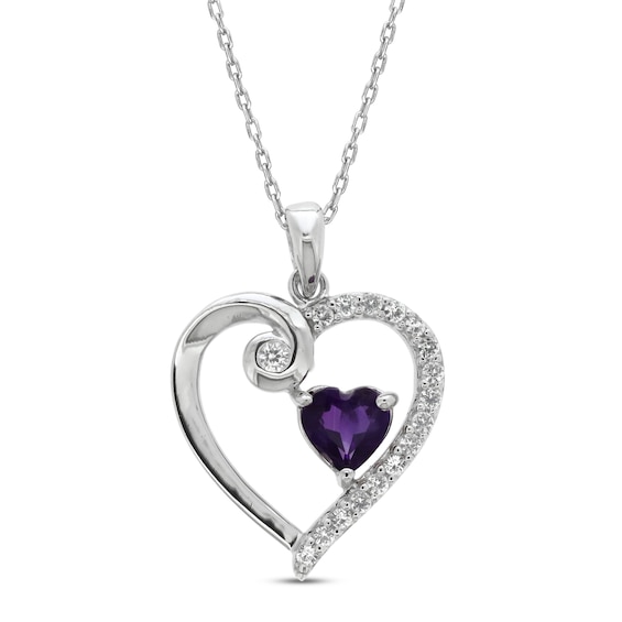 Amethyst & White Lab-Created Sapphire Heart Necklace Sterling Silver 18 ...