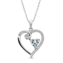 Aquamarine & White Lab-Created Sapphire Heart Necklace Sterling Silver 18&quot;