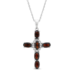 Garnet & White Lab-Created Sapphire Cross Necklace Sterling Silver 18&quot;