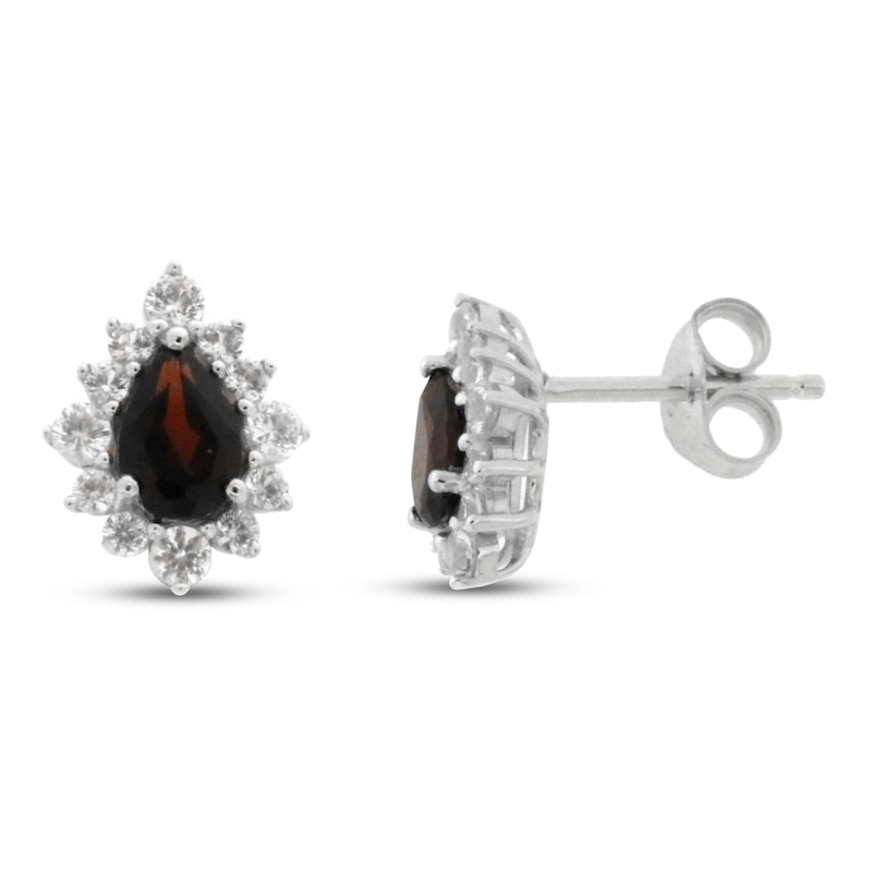 Main Image 1 of Garnet & White Lab-Created Sapphire Earrings Sterling Silver