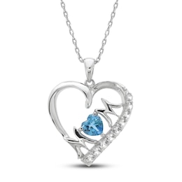 Swiss Blue Topaz & White Lab-Created Sapphire 'Mom' Heart Necklace Sterling Silver 18&quot;