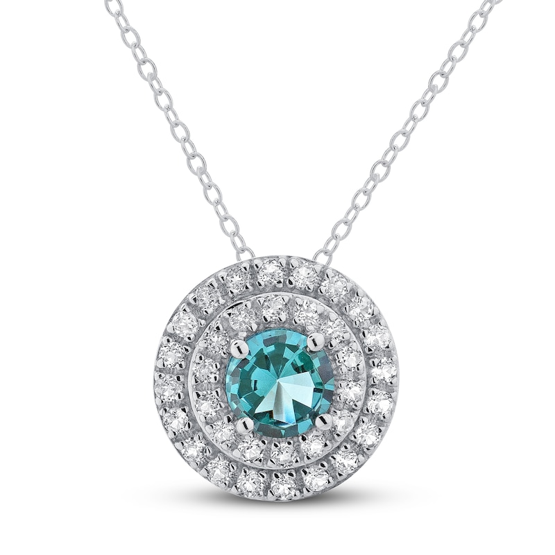 Main Image 1 of Oceanic Blue Topaz & White Topaz Double Halo Necklace Sterling Silver 18&quot;