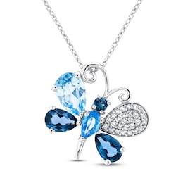 Swiss Blue Topaz/London Blue Topaz/Sky Blue Topaz/White Lab-Created Sapphire Butterfly Necklace Sterling Silver 18&quot;