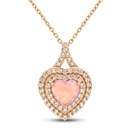 Pink Lab-Created Opal & White Lab-Created Sapphire Heart Necklace 10K Rose Gold 18&quot;