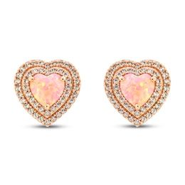 Pink Lab-Created Opal & White Lab-Created Sapphire Heart Earrings 10K Rose Gold