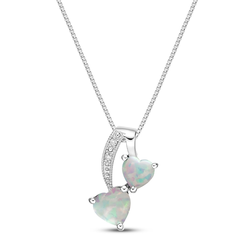 Main Image 1 of Lab-Created Opal & Diamond Heart Necklace Heart/Round-cut Sterling Silver 18&quot;