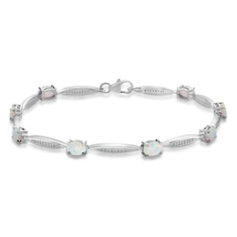 Lab-Created Opal & White Lab-Created Sapphire Bracelet Oval/Round-cut Sterling Silver