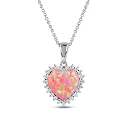 Pink Lab-Created Opal & White Lab-Created Sapphire Heart Necklace Sterling Silver 18&quot;