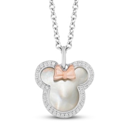 Disney Treasures Minnie Mouse Mother of Pearl & Diamond Necklace 1/10 ct tw Sterling Silver & 10K Rose Gold 19